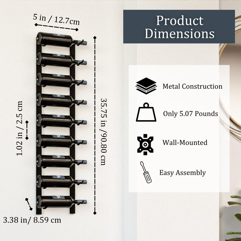 Wine Stack 9 Bottle Metal Wall Mounted Wine Rack, 8.5" H x 35.75" W x 5" D
