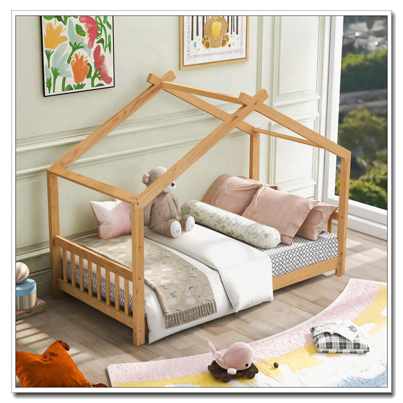 Lit plateforme House avec deux tiroirs, Naturel, Lit double