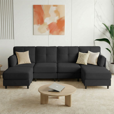 87" U-Shaped Modular Sectional Sofa, 4-Seat Cool Velvet Couch with 2 Removable Ottomans,Black