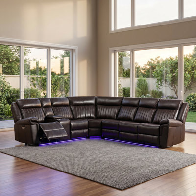 Canapé modulaire en cuir respirant 3 pièces, canapé de cinéma maison avec rangement, porte-gobelet, port USB, port Type-C et DEL