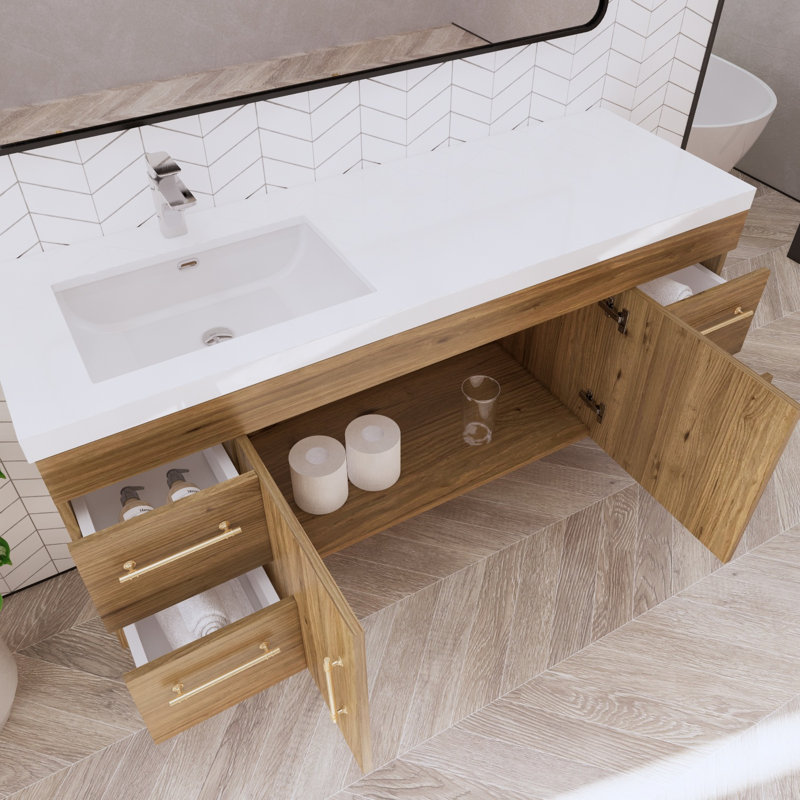 Bastri 59" Wall-Mounted Single Bathroom Vanity Set, Natural Oak