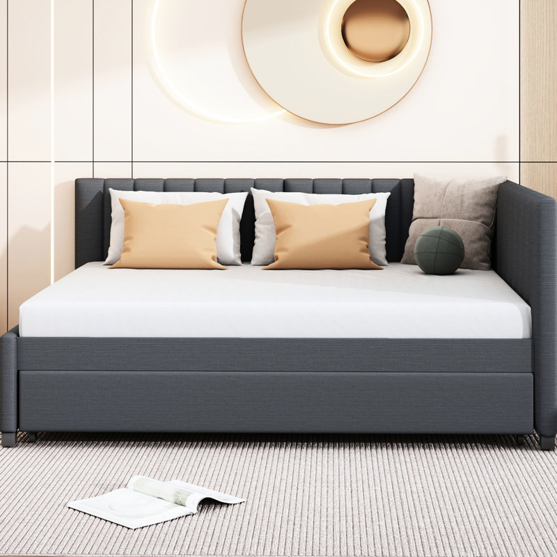 Gray Linen Upholstered Daybed With Portable Trundle, Stable Bed Frame, No Need For Box Spring Full Size Trundle And Upholstery, Needed, Classic Design Stability Space Savings