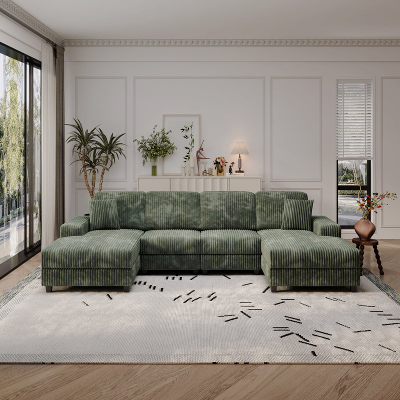 Canapé convertible combiné en forme de U, tissu velours côtelé, canapé moderne confortable de grande taille à 4 places, Vert