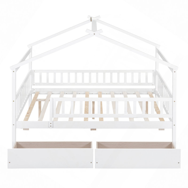 Lit en bois avec deux tiroirs, Blanc, Lit double