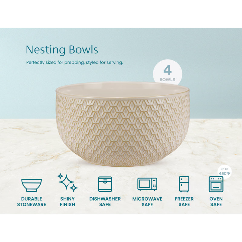 KooK Serving Bowls, with Lids, Ceramic Nesting Bowls, Set of 4, Embossed, Kitchen, Prep, Stackable, Gift, Microwave and Dishwasher Safe, 16/29/47/70 oz, Narbonne Collection (Ivory) - Thumbnail 3