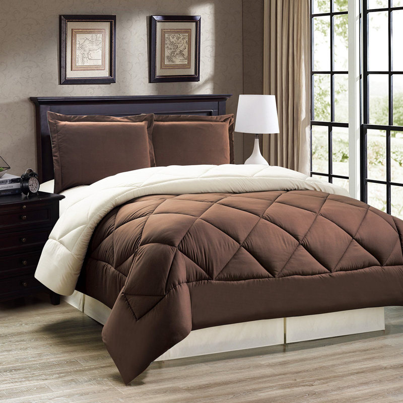 11513 Box Stitch Comforter, Brown, Twin Comforter + 1 Sham