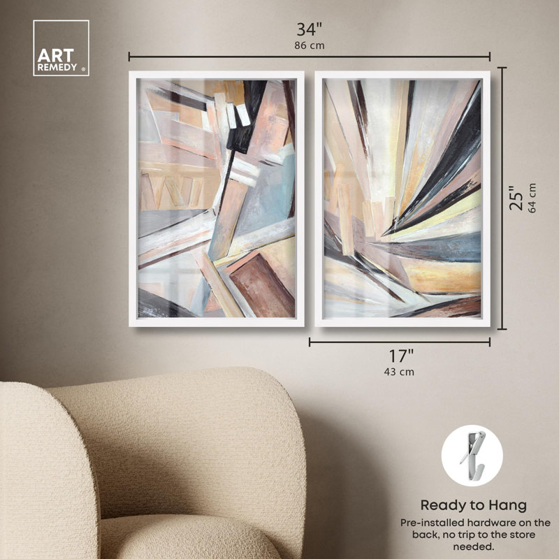 Balancing Lines Duo Shadowbox Print Gold Boho Wall Decor Set by Art Remedy, Blonde Frame, 16 x 24, H 25 po x l 17 po