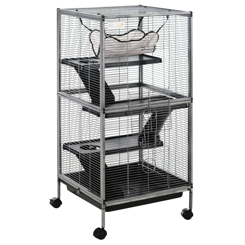 Cage en métal pour petits animaux - gris, 4 roulettes, sécurisée pour les furets, les chinchillas, les planeurs de sucre, plateau amovible de roulement, 4 pièces et casserole, gris