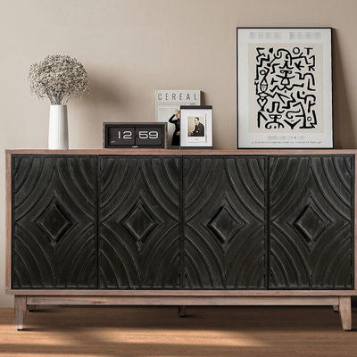 Grand buffet avec 4 portes à motif cannelé et 2 tablettes - Armoire de rangement style Mid-Century à finition noire antique