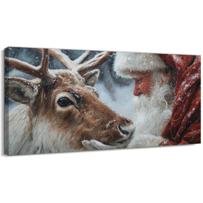 Abhinaya – Reindeer and Santa Painting, Winter Scene Picture Prints, Holiday Wall Decor, Farmhouse Christmas Decorations, Ready to Hang Canvas Art, 12×24 Inches