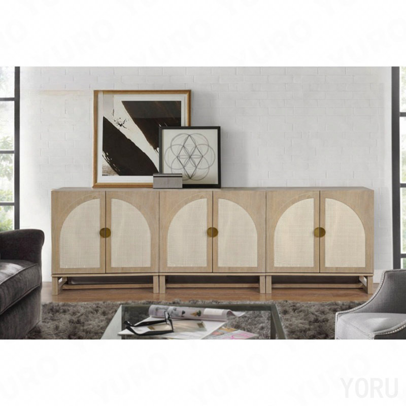 Armoire de rangement, rotin bohème, porte arquée, buffet pour le salon / cuisine - chêne clair