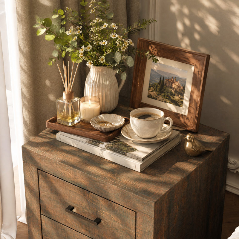 17.7" W Rustic 2-Drawer Nightstand with Wood-Grain Finish, Brown