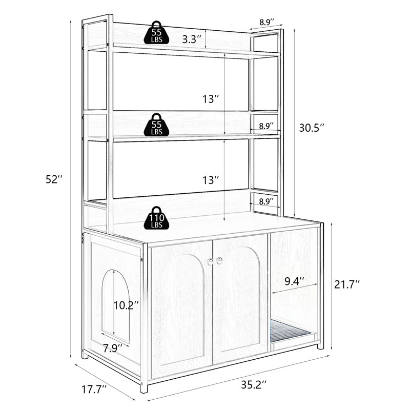 Armoire d'intérieur pour chat avec bac à litière, tablette de rangement et bloc-notes, salle de bain secrète, 2 portes, grande tablette brune, abri, porte cachée,
