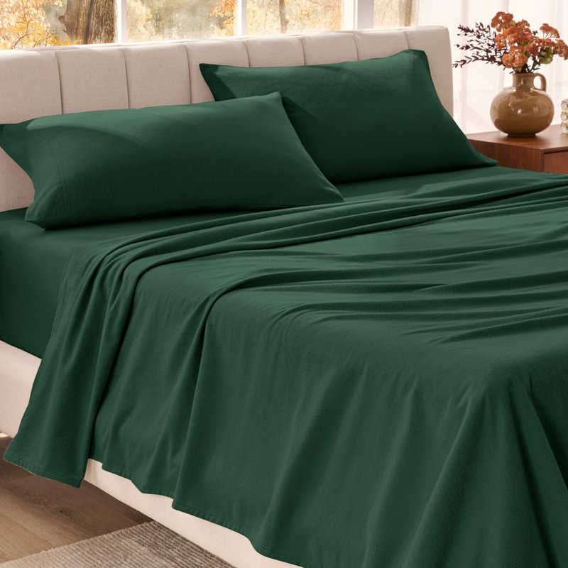 Organic 100% Cotton Flannel Sheet Set, Full Sheet Set with 2 Pillowcases, Forest Green