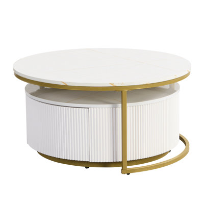 Nesting Coffee Table With Fluted Base And Elegant Drawer In White & Gold Modern Feature Storage