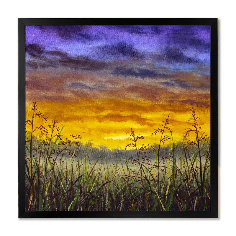 Purple And Yellow Sunset Of Grass Field " Sunset Of Grass Field " Painting Print, Black Picture Framed Canvas