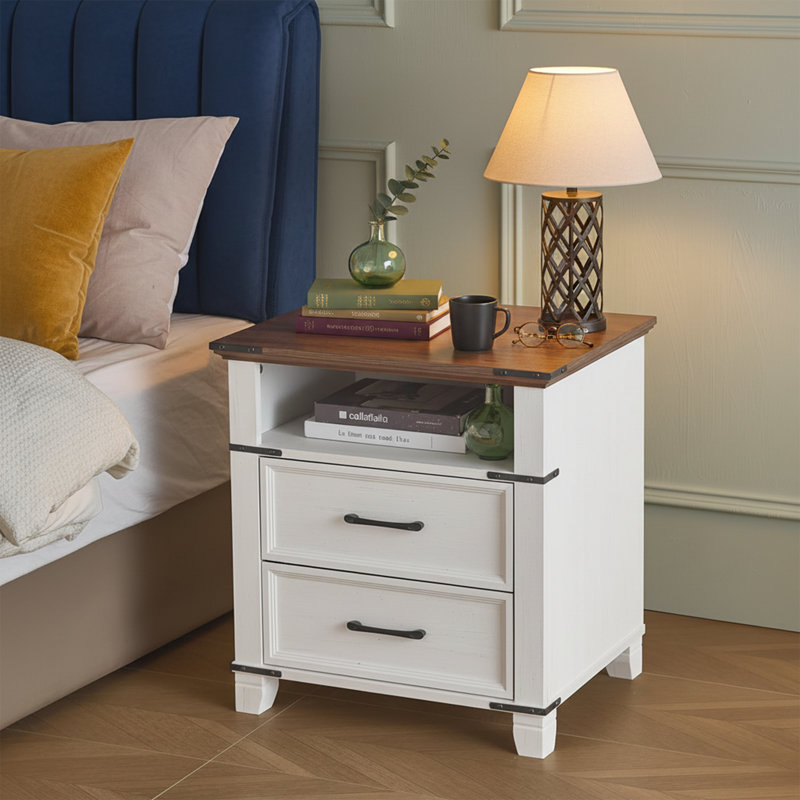 Table de chevet 22 po avec 2 tiroirs et tablette de rangement ouverte de 23 po de hauteur, Blanc / Brun