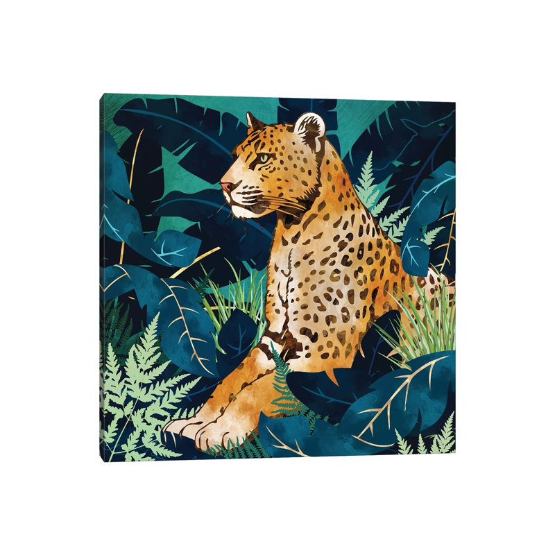 Léopard et indigo botanique, reproduction d'art sur toile tendue, 18" x 18", Gallery Wrapped Canvas, No Frame