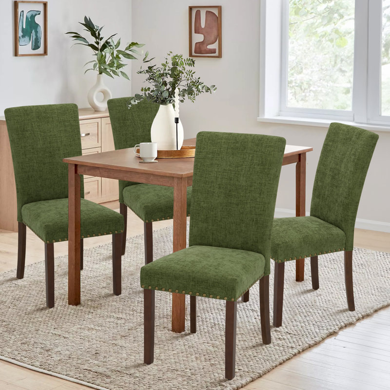 Nailhead Trim Fabric Upholstered Side Chair Wood Dining Chair (Set of 4), Black