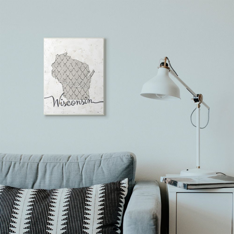 «Wisconsin Patterned Gray US State Design», impression sur toile, H 19 po x l 13 po, Plaque murale