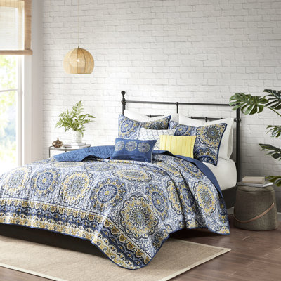 Courtepointe très grand / très grand - bleu floral, coussins décoratifs, 100% microfibre, entretien facile réversible en très grand, floral avec médaillons, à nettoyer