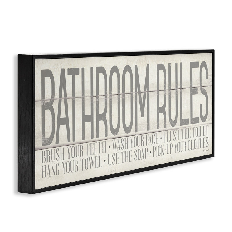 «Planked Style Bathroom Rules», estampe numérique par Stephanie Workman Marrott, Giclée encadrée noir minuit