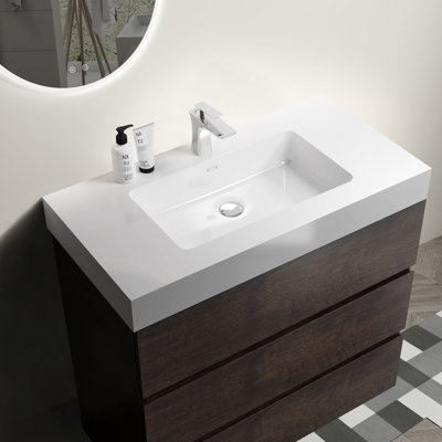 Meuble-lavabo de salle de bain 36 po - Noyer, lavabo blanc, rangement riche, lavabo élégant et moderne, fusion de finition, référence