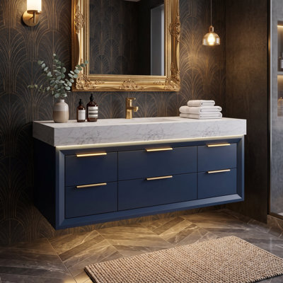 48" Floating Bathroom Vanity with Sink, Integrated LED, Marble Top, 6 Drawers, Soft-Close Drawers, Blue