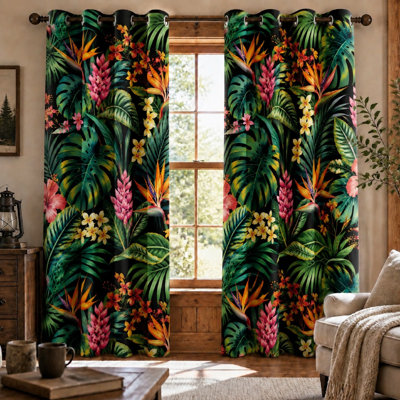 2Pcs Tropical Jungle Leaf Bird of Paradise Flower Print Sun Blocking Curtains, Vibrant Exotic Floral Pattern, Grommet Top Room Darkening for Living Bedroom Decor for Home Dector