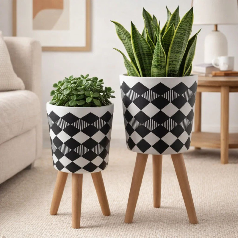 Jardinière sur trépied, ensemble de 2, motif à losanges blanc et noir 10/12 pouces