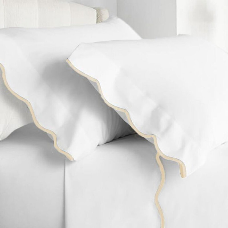 400TC Cotton Scallop Embroidery Cotton 4 Piece Sheet Set Fitted Sheet Fits Upto 16" Deep Pocket, Ivory, Yes