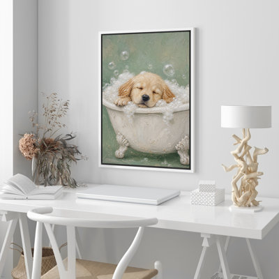 Golden Puppy Bubble Bath Animal Framed Canvas Master Bedroom Wall Art Work Print