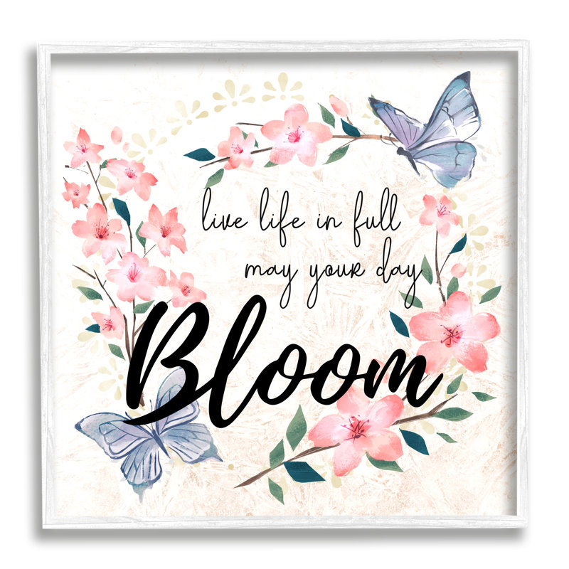 May May Day Bloom, citation, papillons bleus, fleurs roses, art mural tendu par Ziwei Li, H 17 po x l 17 po x P 1,5 po