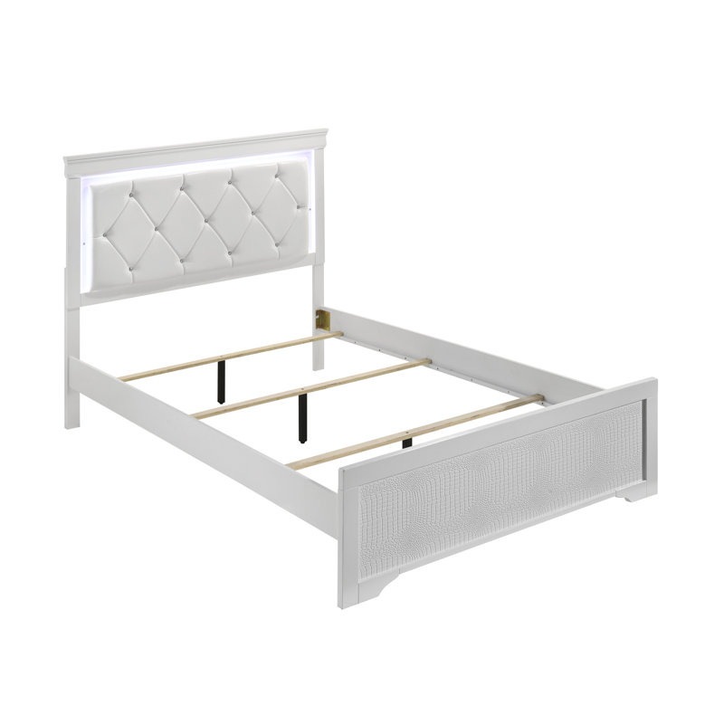 Lit rembourré de style moderne avec tête de lit à DEL et bois, Blanc