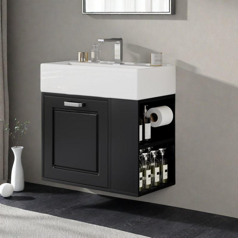 Meuble-lavabo mural avec lavabo et rangement en céramique, Noir