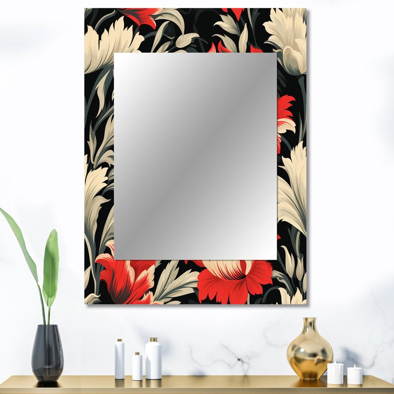 Brenon Red And Beige Victorian Ikat Legacy Flowers - Ikat Decorative Mirror, Victorian Large Wall Mirror, Printed Metal Art