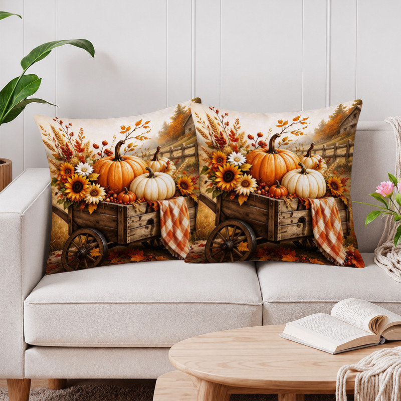 JYK Soft Microfiber Decorative Pillow Covers Double Sided Printed Hidden Zipper Cushion Cases for Home Decor & Gifts.20x20 inches,Orange pumpkin sunflower wagon