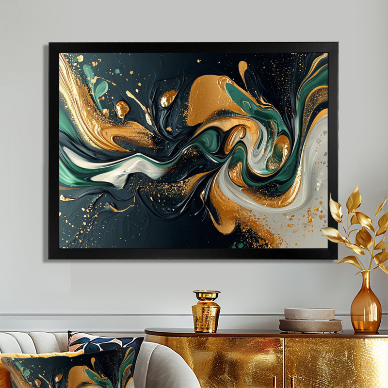 «Gold Green Temporal Fluidité I», art abstrait sur toile à encre liquide, H 12 po x l 20 po, Cadre de photo unique