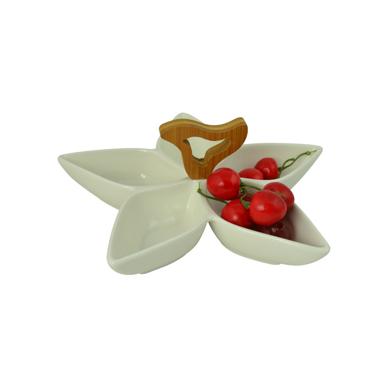 Ceramic Condiment Serving Tray with Bamboo Handle