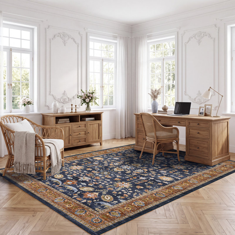 Tapis rétro d'intérieur rétro lavable Boho, Bleu - Rouge, 8 x 10 pi