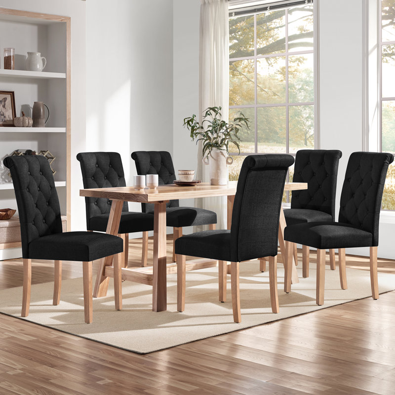 Padded Classic High Back Upholstered Dining Chairs With Solid Wood Legs, Black