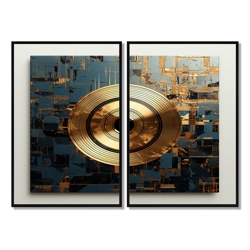 Disque vinyle doré et gris Melody I - art mural doré, 36" H x 48" W, Impression encadrée flottante, Noir