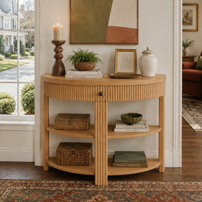 Modern Transitional Fluted Half Moon Console Table with Curved Drawer and 2 Open Shelves for Entryway Living Room and Hallway