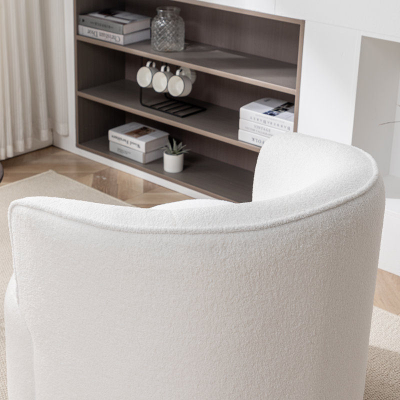 Janeesha Upholstered Swivel Barrel Chair, White Boucle