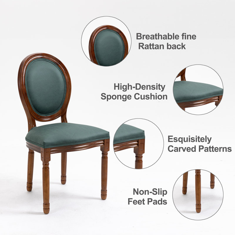 Green Upholstered French Country Dining Chairs with Carved Wood Frame, Set of 2