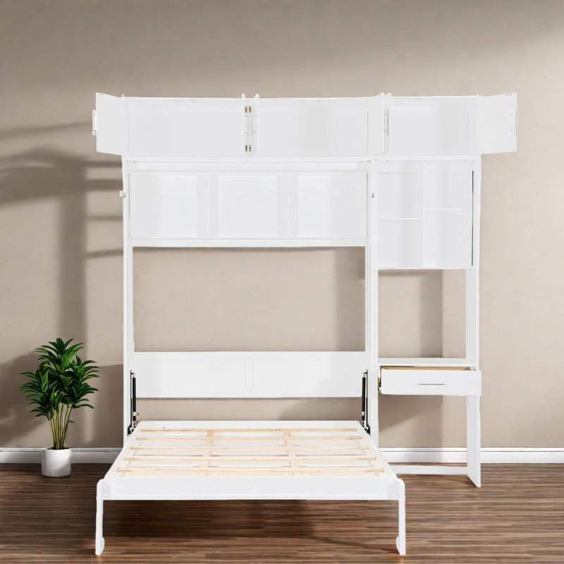 Lit escamotable moderne compact en MDF blanc avec rangement et bureau