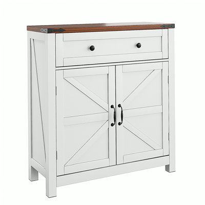 Farmhouse Storage Cabinet with Drawer and Adjustable Shelf, White Kitchen Cabinet with Walnut Countertop,  Modern Coffee Bar Console Cabinet for Kitchen, Dining Room, Bathroom, Entryway
