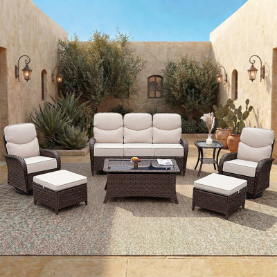 Patio Furniture Set With Luxury 6" Cushions, 7 Pieces High Back Swivel Rocking Patio Chairs, Couch And Ottoman, Outdoor Wicker Conversation Set For Deck, Porch, Backyard, Poolside, Beige