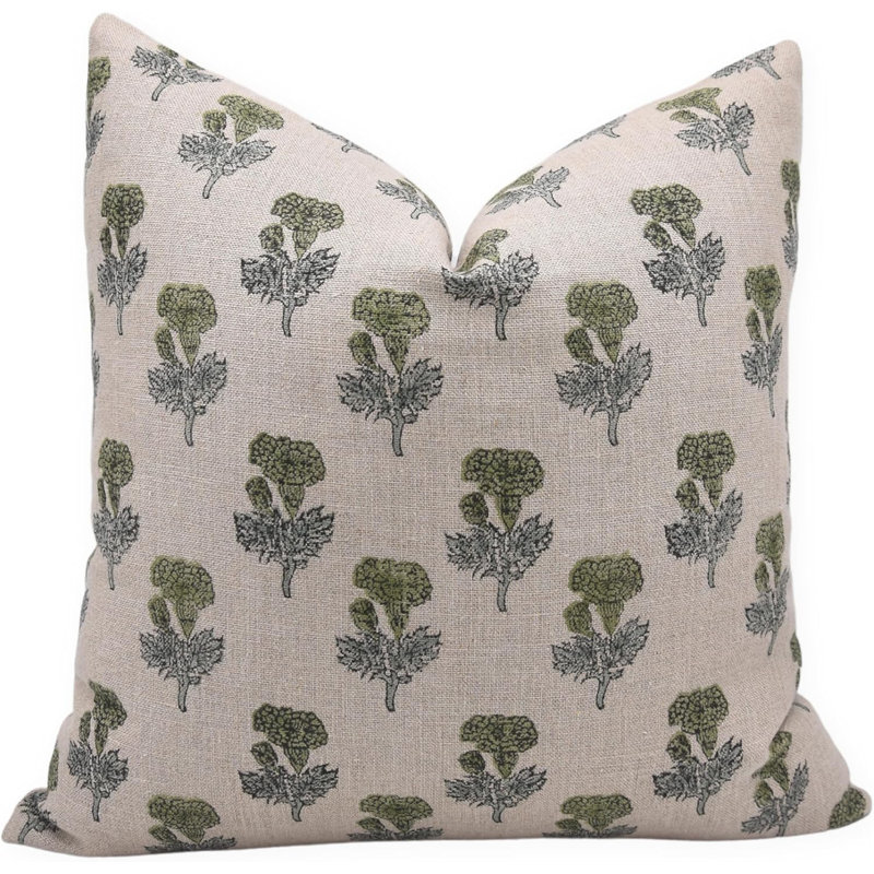 Block Print Throw Pillow Cover MNHGRTLSquare, Green Floral 2, Square 24"