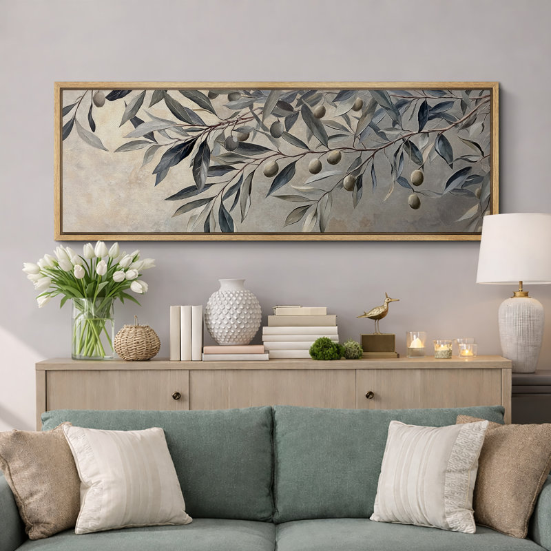 "Olive Branch", impression sur toile botanique encadrée, élégante nature neutre, H 20 po x l 60 po, Naturel